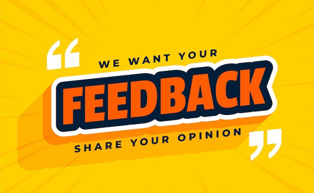 A yellow slogan reading 'We Want Your Feedback; Share Your Opinion' inviting patients to leave patient testimonials